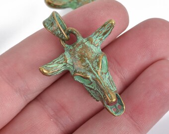 2 Bronze Metal Longhorn BULL COW SKULL Charms or Pendants, Green Verdigris Patina, Steer Skull Pendant, 42x30mm, chs3596