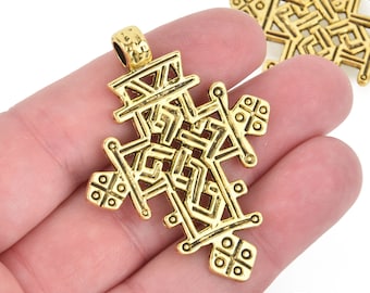 2 Large Gold Cross Pendants Greek Filigree 2" chs5197