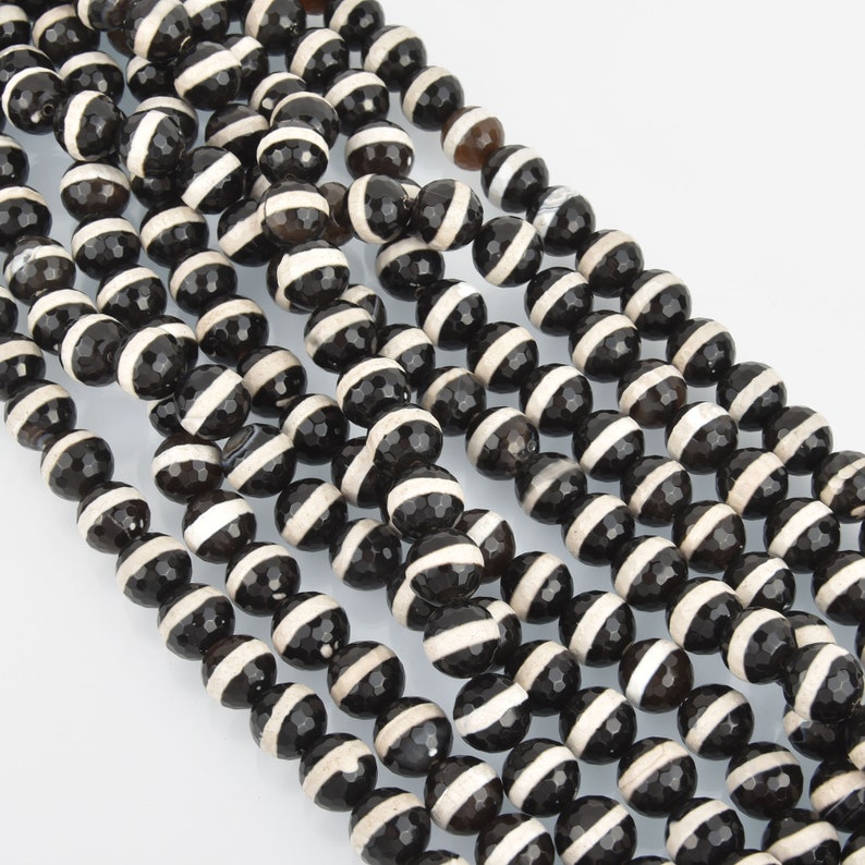 16mm DZI Black Agate Gemstone Beads Center stripe pattern faceted 24 beads gem0281