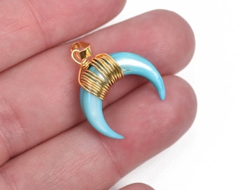 TURQUOISE BLUE Double Horn Charm Pendant, Crescent Horn, Gold Wire Wrap, Upside Down Moon, Dyed Shell, 20mm (3/4"), cho0191