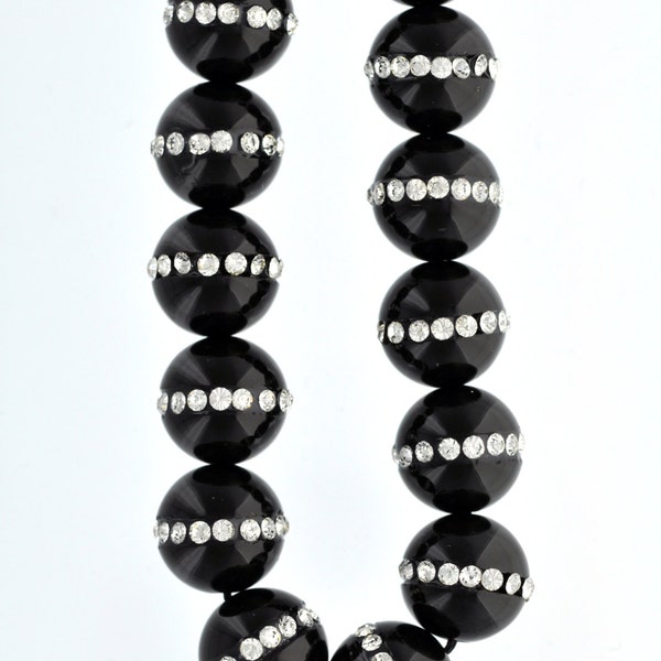 2 Large BLACK ONYX Beads with Rhinestone Accents, 14mm gon0015