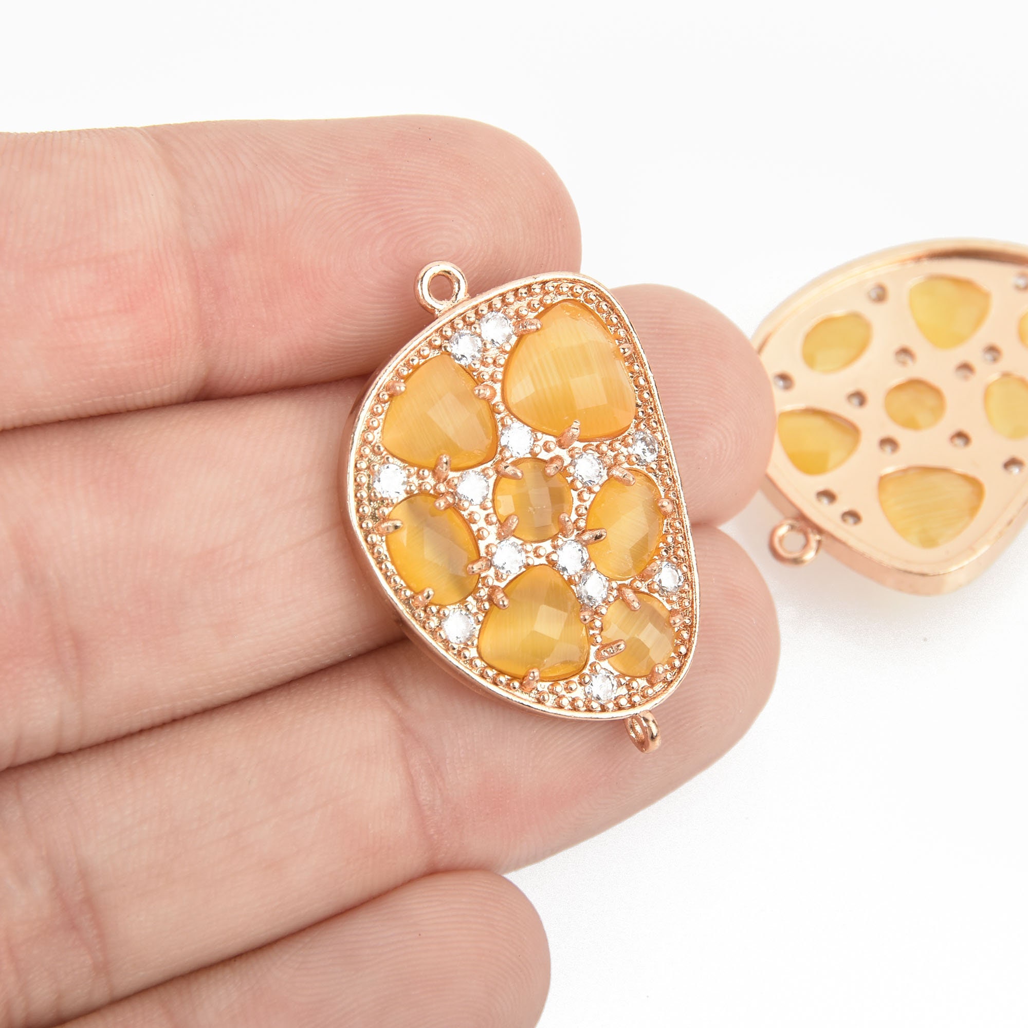YELLOW Cats Eye and Crystal ROSE GOLD Charm Connector Link