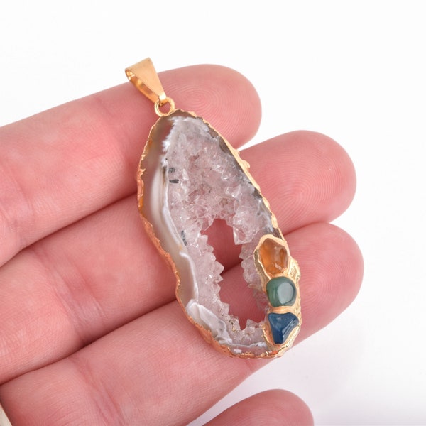 Natural Druzy Gemstone Geode Pendant with gold bail and tiny gemstone nuggets 2" long, chs4218