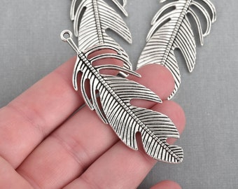 5 Large Silver Filigree FEATHER Charms 2-3/4" long chs4246