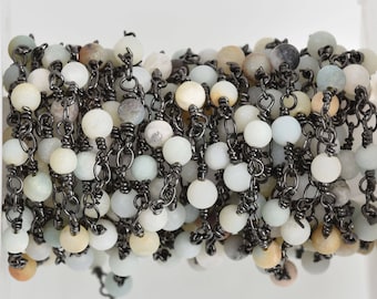 1 yard MATTE AMAZONITE GEMSTONE Rosary Chain, gunmetal, 4mm round gemstone beads, fch0750a