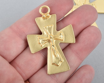 2 Matte Gold Crucifix Cross Charms with gold foil, large 2" long, chs5002