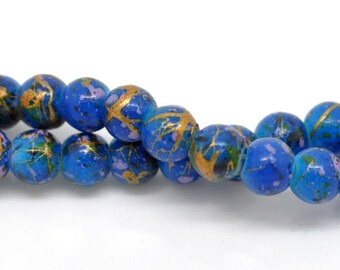 6mm DARK BLUE Glass Beads with Gold, Green, Pink Drizzle Accents, Rare, Hard to Find, 140 beads bgl0674