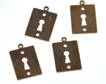 4 VINTAJ Key Hole Lock Charm Pendants, natural brass . chb0270
