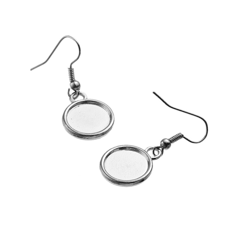 20 (10 pairs) silver tone cabochon bezel setting earrings, French hook wire components, fits 12mm round inside bezel tray, fin0585 immagine 3