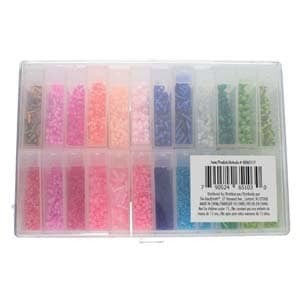 May include: A clear plastic organizer filled with small, colorful beads. The beads are in various shades of pink, purple, blue, green, and peach, stored in individual compartments. A label with a barcode is visible on the right side.