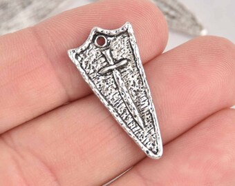 6 Silver Cross Charms, Shield Shape, Rustic Textured Metal, 29mm, chs7632