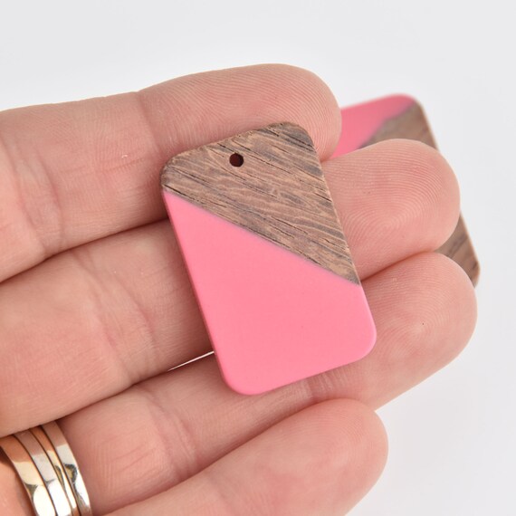 2 Colorblock Charms, Bubblegum Pink Resin and Real Wood, 33mm Long