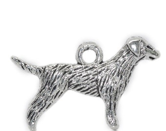 May include: Antique silver-colored dog charm. The charm is a detailed, three-dimensional representation of a dog in a standing pose. The charm has a loop at the top for attaching to a necklace or bracelet. The text "Antique Silver" is in the upper right corner.