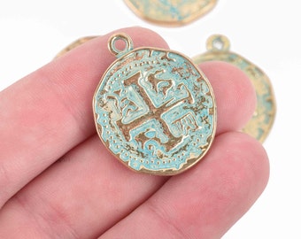 5 Gold Coin Relic Charm Pendants, round coin charms, green verdigris patina gold plated metal 30x25mm, chs3036