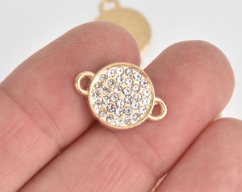 4 Gold Rhinestone Drop Charms, 2-hole connector links, 13mm round coin charms, chs7133