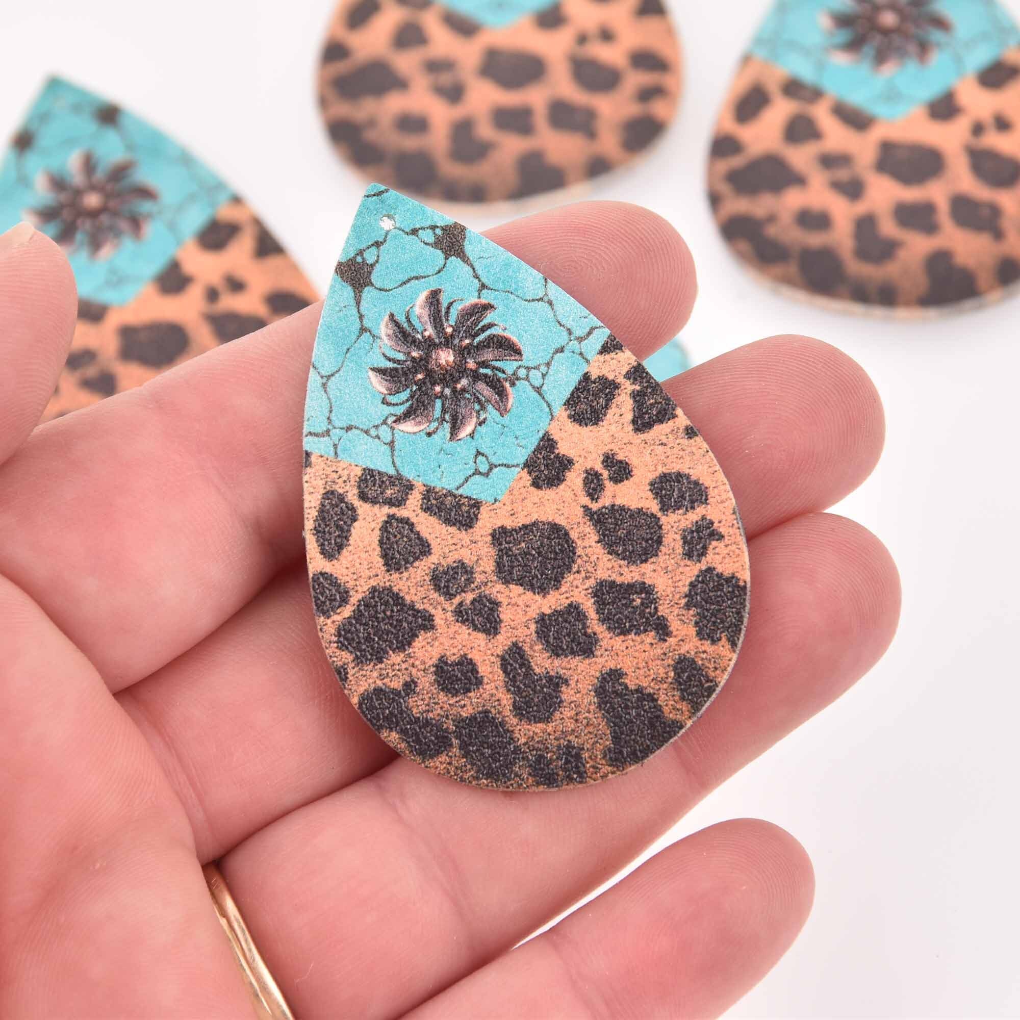 4 Faux Leather Teardrop Charms Cheetah Vegan Leather Pendant