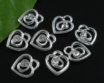 10 Silver CLEAR Rhinestone Love Heart Charm Pendants 13x12mm . chs0863