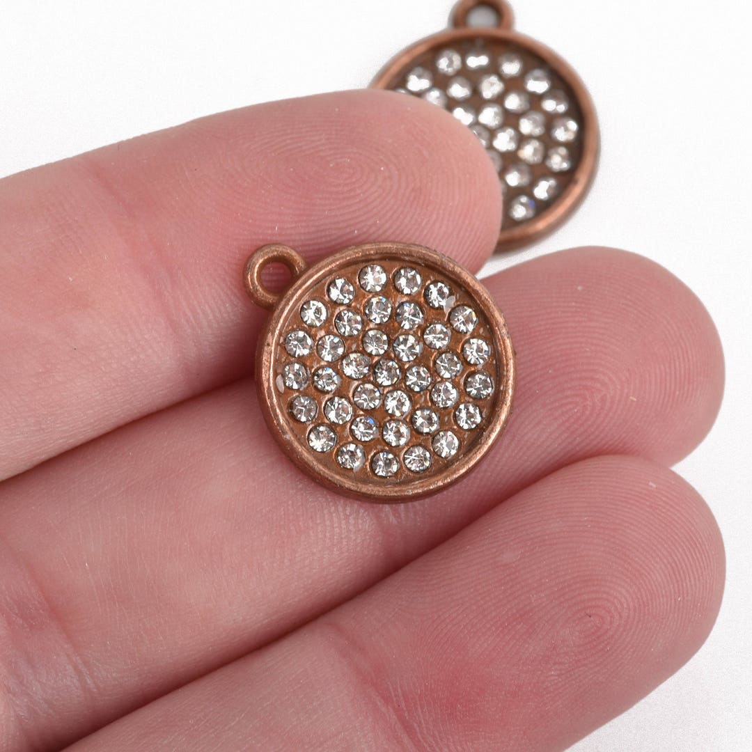 4 Copper Rhinestone Drop Charms 16mm Round Coin Charm Etsy