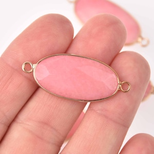 Pink Jade Gemstone Connector Charm, Gold Plate, 40x16mm, chs7765