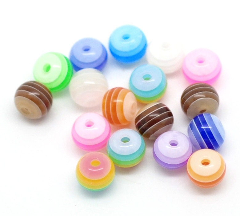 Lot De 20 Perles Rayées Argentées 7mm - Multicolore - Plastique - Pour Bijoux DIY - Neuf