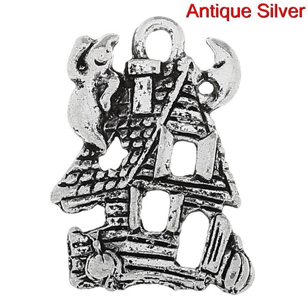 10 HAUNTED HOUSE Charms Pendants, Halloween Charms, Silver Tone Metal   chs2028