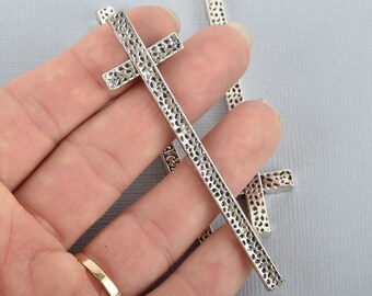 2 Silver CROSS Charm Pendants stamped with "BLESSED", hammered rustic metal, 76mm chs4923