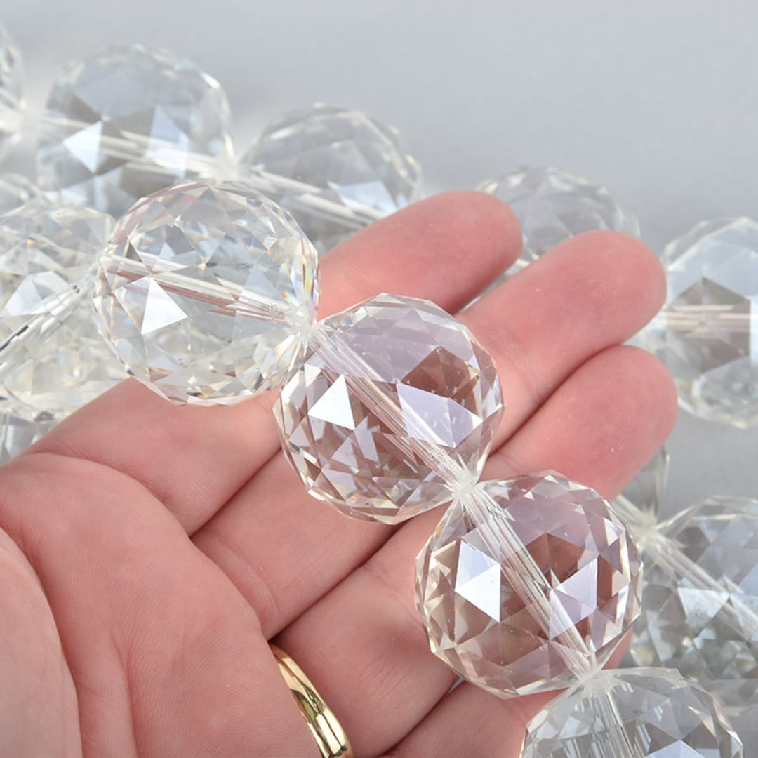 30mm CLEAR Round Faceted Crystal Glass Beads, 7 Beads 30mm CLEAR Round Faceted Crystal Glass Beads, 7 Beads