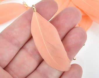 20 PEACH Real Feather Charms with gold bail 2" to 2.5" long, chs5014