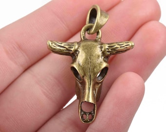 2 Bronze Metal Longhorn BULL COW SKULL Charms or Pendants, Steer Skull Pendant, 42x30mm, chs2882
