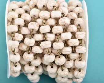 1 yard WHITE Howlite Rosary Chain, bronze wire links, 10mm RONDELLE stone bead chain, fch0622a