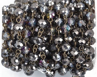 13 feet Smoky Grey AB Crystal Rondelle Rosary Chain, Bronze, 8mm faceted rondelle glass beads, fch0849b