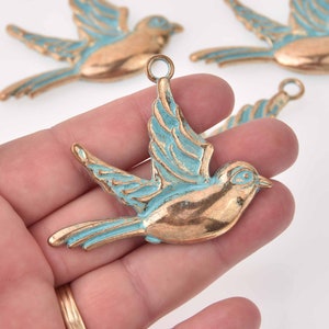1 Large Bird Charms, Gold with Blue Patina, chs8062
