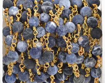 1 yard Matte SODALITE GEMSTONE Rosary Chain, bright gold, denim blue white natural sodalite, 6mm round gemstone beads, fch0773a