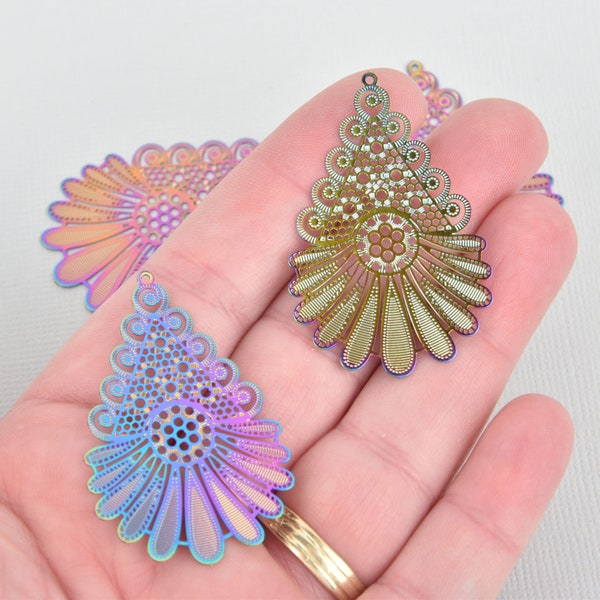 4 Metal RAINBOW PEACOCK Charms Teardrop Filigree Enamel 1-7/8" chs5392