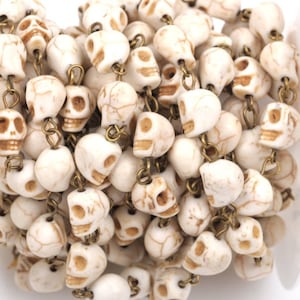 Puede incluir: Cadena de cuentas de calavera blanquecinas con detalles marrones, unidas por eslabones metálicos color latón. Las cuentas de calavera están detalladas con cuencas de los ojos, narices y dientes. Ideal para la creación de joyas o manualidades.