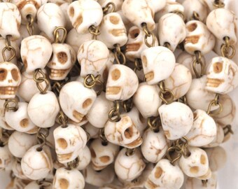11 feet WHITE HOWLITE SKULL Bead Rosary Chain, gemstone chain, bronze links, 10mm gemstone beads, fch0371c