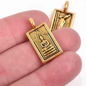 4 THAI BUDDHA charm pendants, antiqued gold metal, rectangle religious icon relic charm, double sided, 26x13mm, chs2907