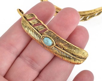 5 FEATHER Bracelet Connector Charms GOLD turquoise blue accent 2.5" chs4239
