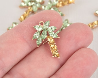 4 Crystal Palm Tree Charms, Rhinestone with Gold Plating, 24mm, chs6478