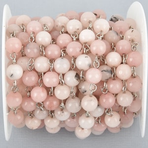 BLUSH PINK Agate Gemstone Rosary Chain, SILVER links, 8mm round smooth gemstone beads, fch1008