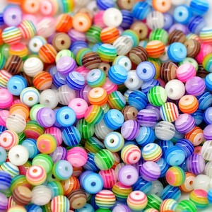 50 Round Mixed Colors Stripe Striped Beads . rainbow, black and white, orange, red, yellow, pink . acrylic . 6mm  bac0066a