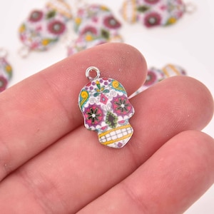 May include: A silver charm with a white sugar skull design. The skull has pink, yellow, green, and purple floral details. The charm has a loop at the top for attaching to a necklace or bracelet.