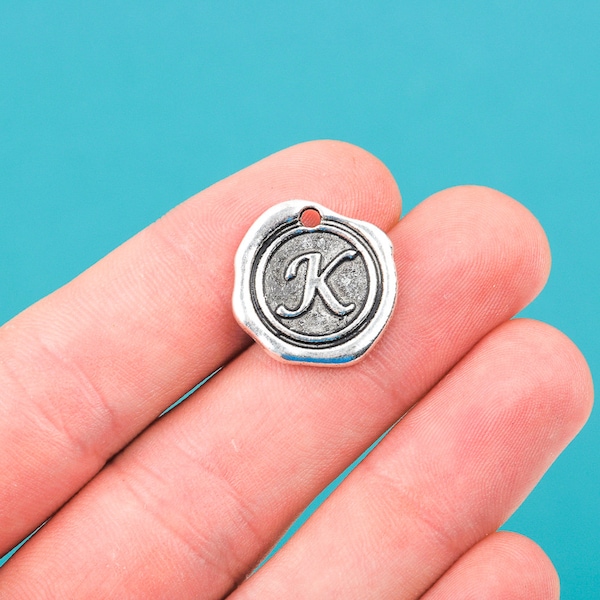 6 Letter K Wax Seal Charms, Monogram Initial Alphabet Stamped, antique silver metal,  18mm, 3/4" diameter, chs1930