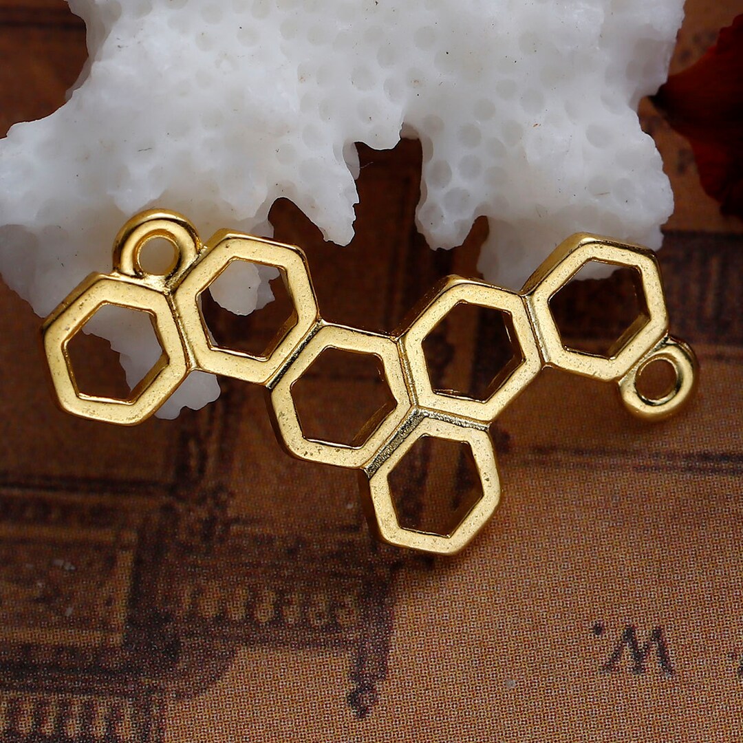10 QUEEN BEE Honeycomb Charm Pendants, Gold Plated Base, Double Hole ...