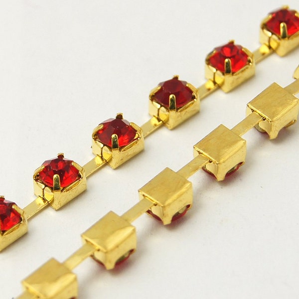 1 yard Rhinestone Cup Chain, 3mm, gold brass base metal and RED glass crystals fch0159