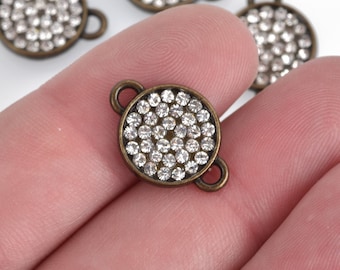 4 Bronze  Rhinestone Drop Charms, 2-hole connector links, 13mm round coin charm rhinestones embedded in center, chs3625