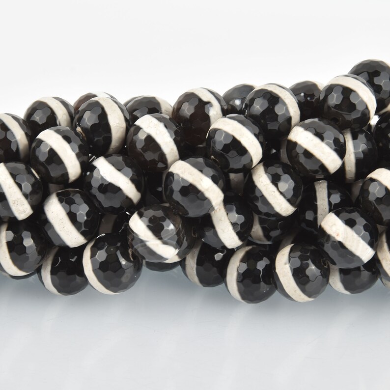 16mm DZI Black Agate Gemstone Beads Center stripe pattern faceted 24 beads gem0281