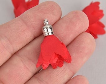 4 Red Flower Rose Floral Fabric Tassel Charms Silver Tone Cap 33mm long (about 1-1/4") Chs7064