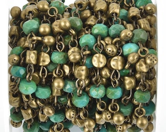 Green Jasper Bead Chain 6mm BRONZE with Gemstone Rondelle Beads fch1032