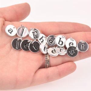 Silver Alphabet Letter Charms, 13mm 1/2&quot; Bright Silver Plated Initial Pendants